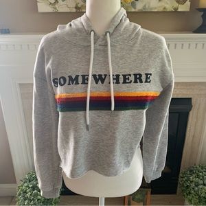 Garage "Somewhere" Rainbow Striped Grey Cropped Hoodie (Size Small)